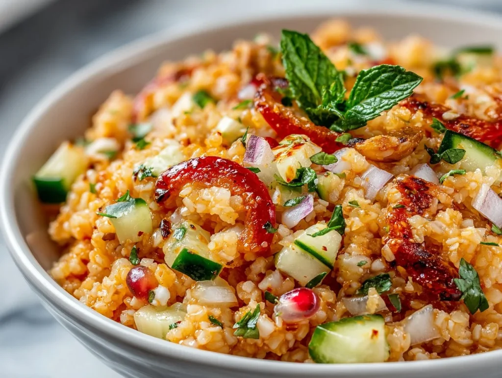 Bulgur salad recipe with fresh vegetables and herbs
