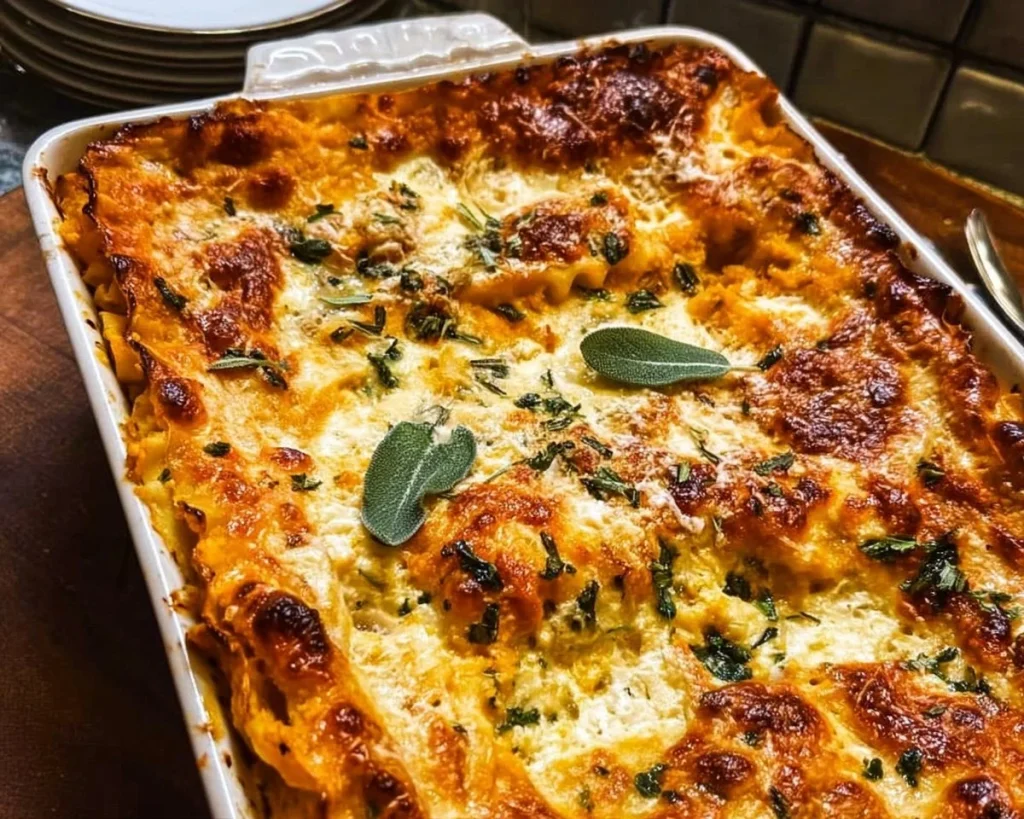 Delicious butternut squash lasagna with cheese and herbs in a baking dish.