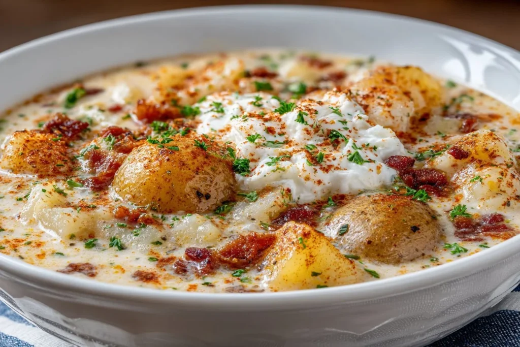 Bowl of hearty Cajun Potato Soup garnished with green onions and spices