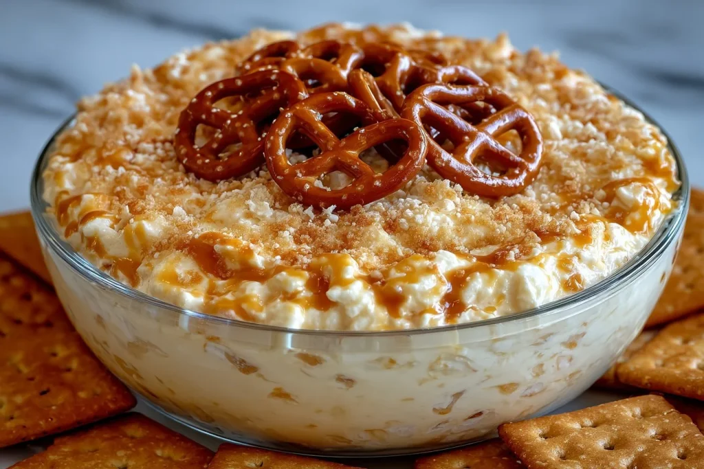 Delicious caramel apple cheesecake dip served in a bowl with apple slices for dipping