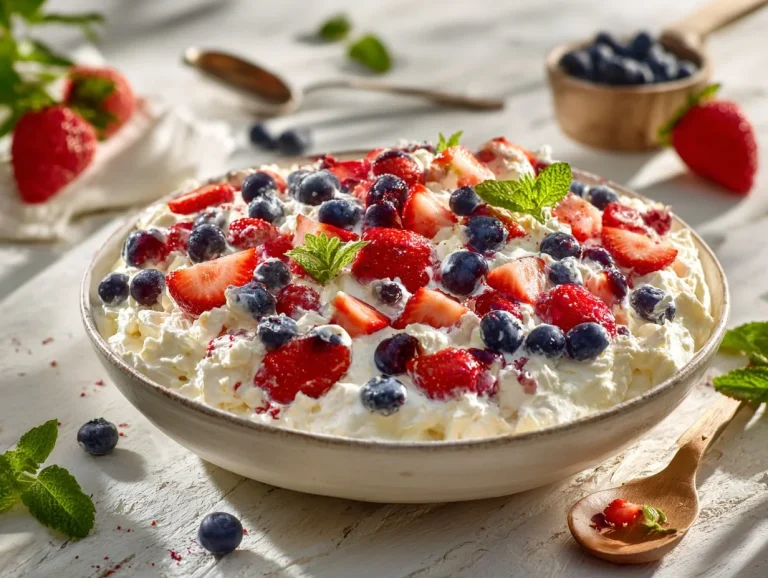 Delicious cheesecake fruit salad topped with fresh fruit and whipped cream