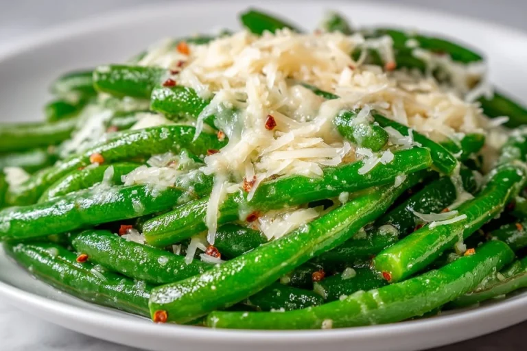 Cheesy garlic green beans with melted cheese and garlic seasoning on a plate