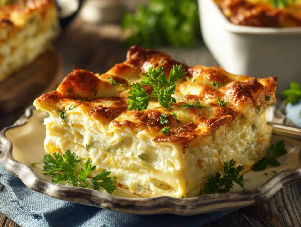Creamy Chicken Alfredo Lasagna with layers of pasta and cheese