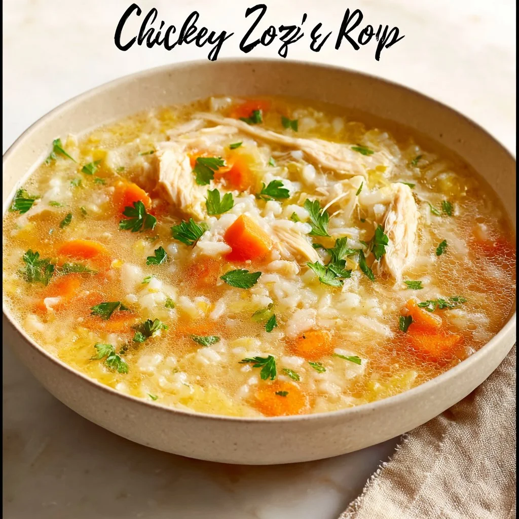 Bowl of homemade chicken rice soup with herbs and vegetables