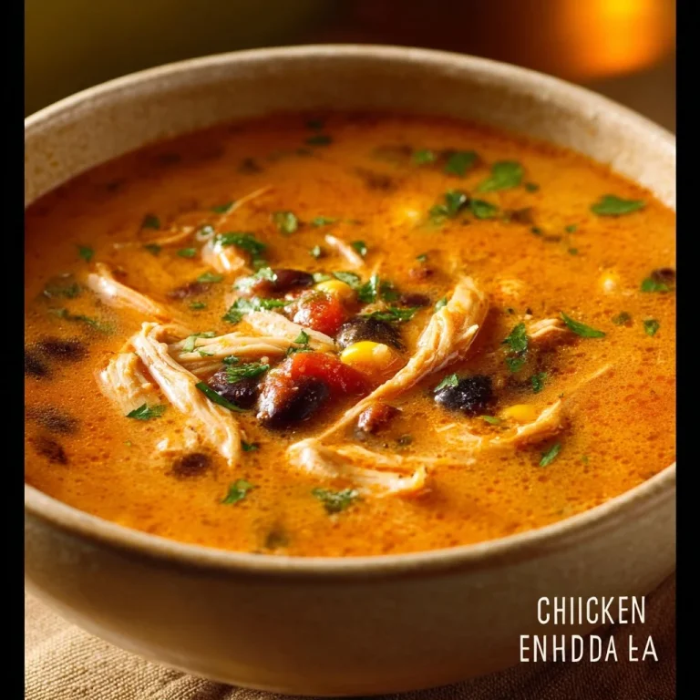 Bowl of delicious Chicken Enchilada Soup with chicken, beans, and spices.