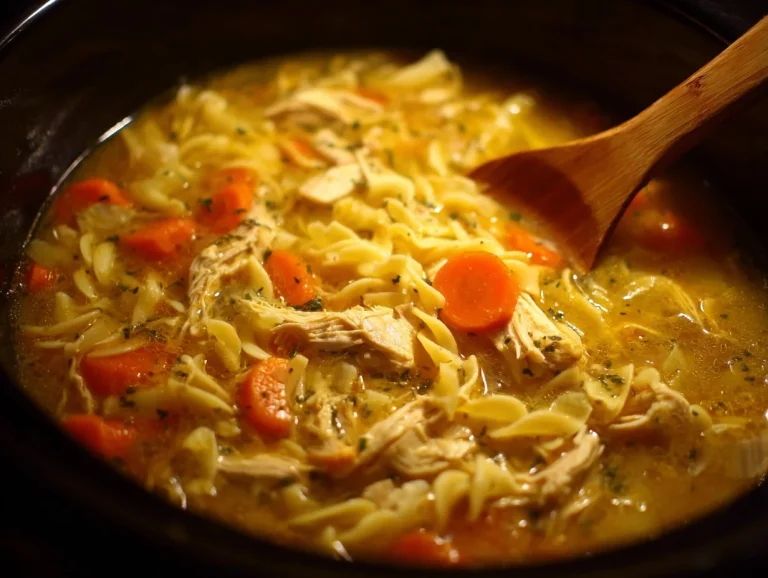 Bowl of homemade Chicken Noodle Soup with vegetables and herbs