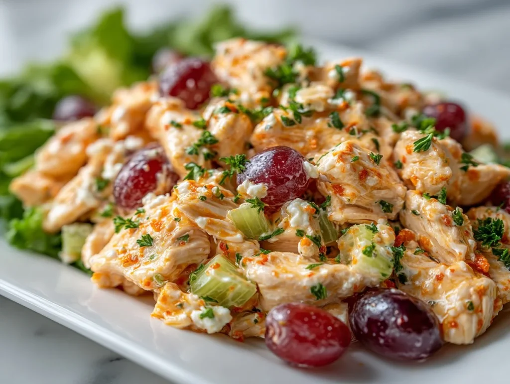 Delicious chicken salad with fresh vegetables and herbs