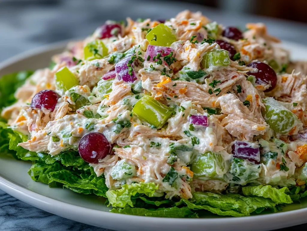 Delicious homemade chicken salad served in a bowl with fresh vegetables.
