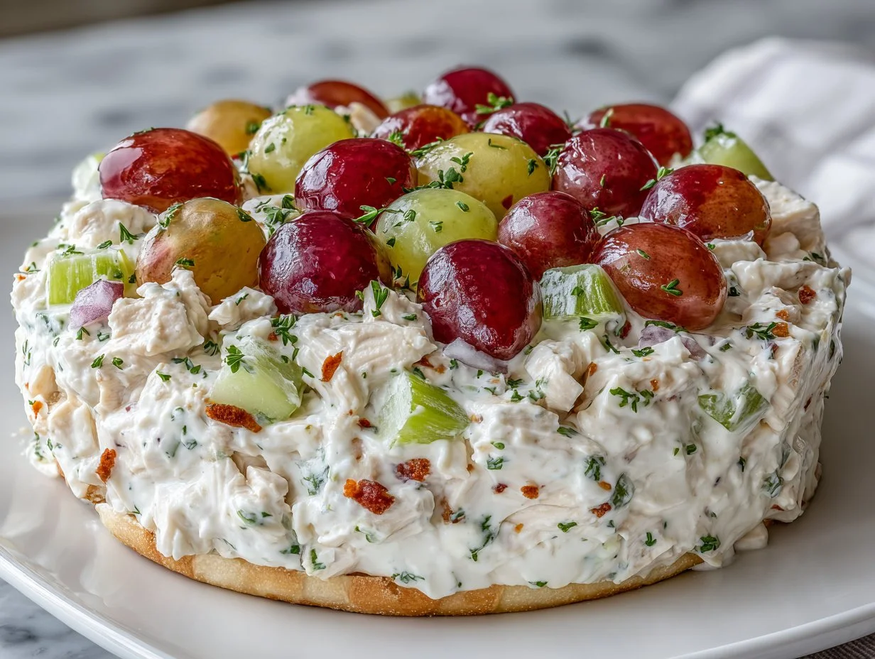 Chicken salad with grapes served in a bowl, garnished with fresh herbs.