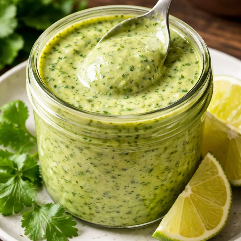 Homemade cilantro garlic sauce in a glass bowl with fresh herbs