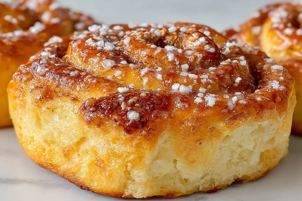 Freshly baked cinnamon rolls topped with creamy icing and cinnamon sugar