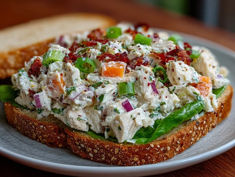 Bowl of classic chicken salad with fresh ingredients and herbs