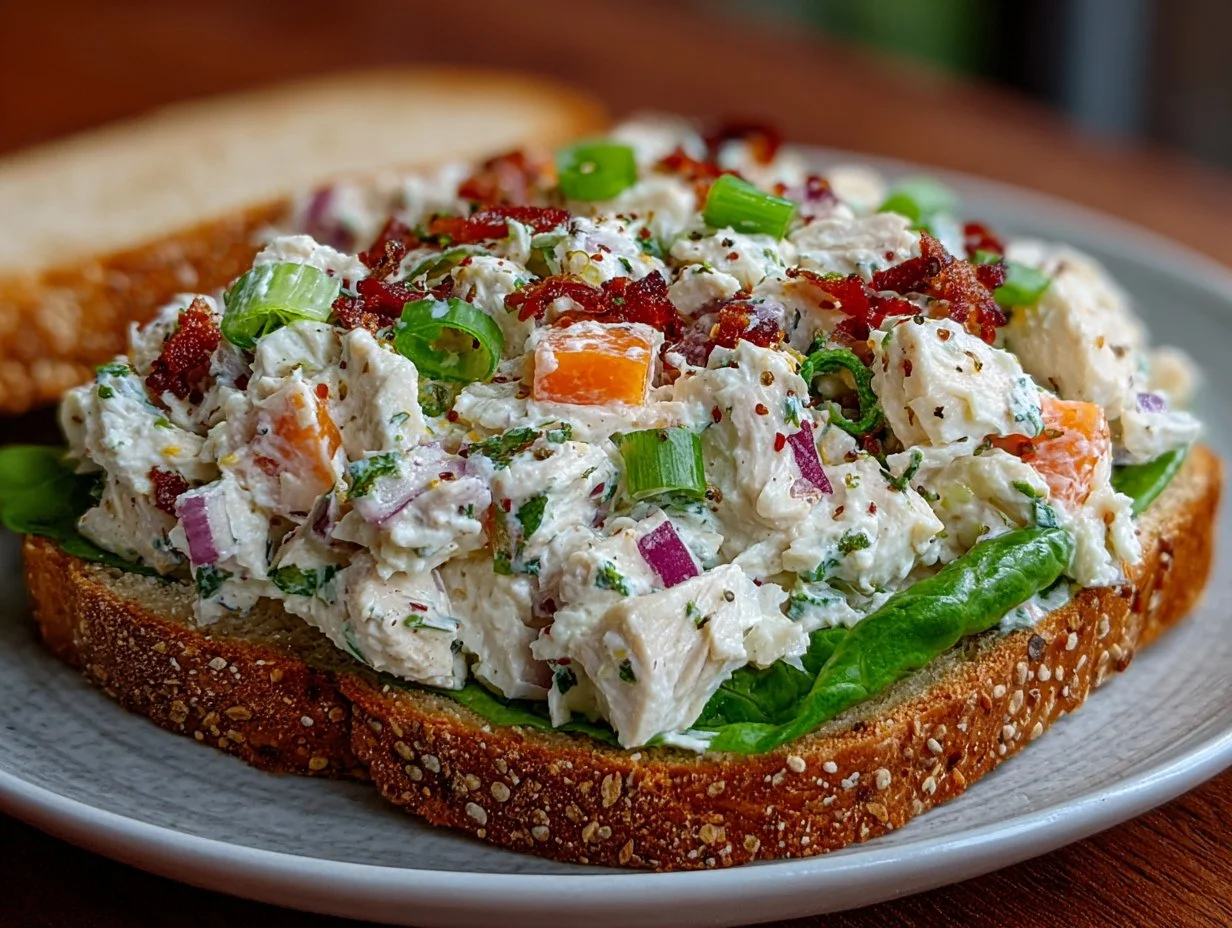 Bowl of classic chicken salad with fresh ingredients and herbs