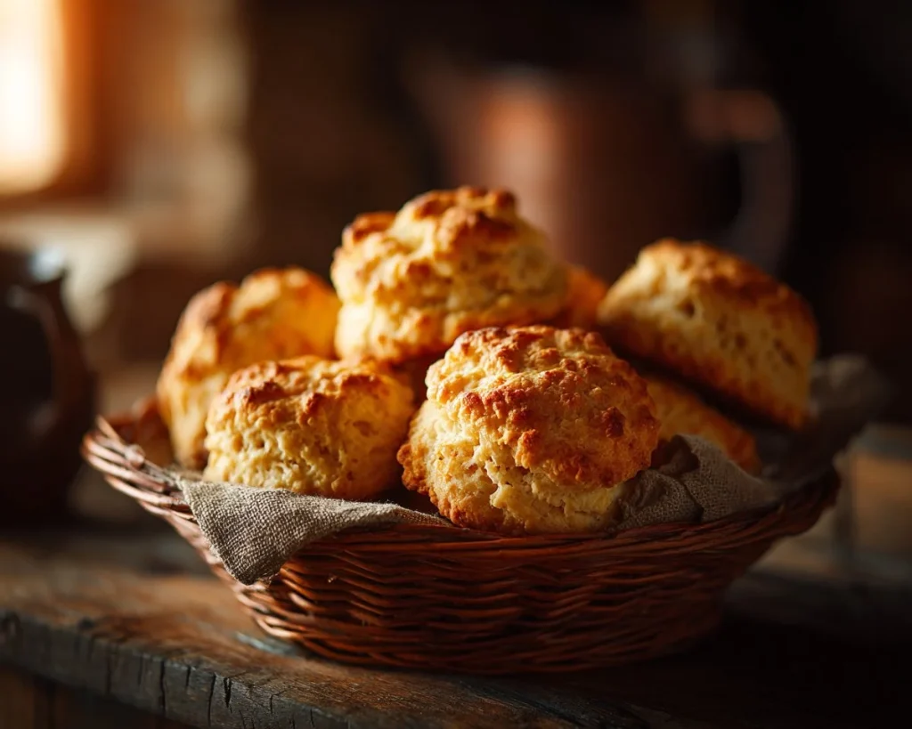 Baking powder biscuits fresh out of the oven with golden-brown crust.