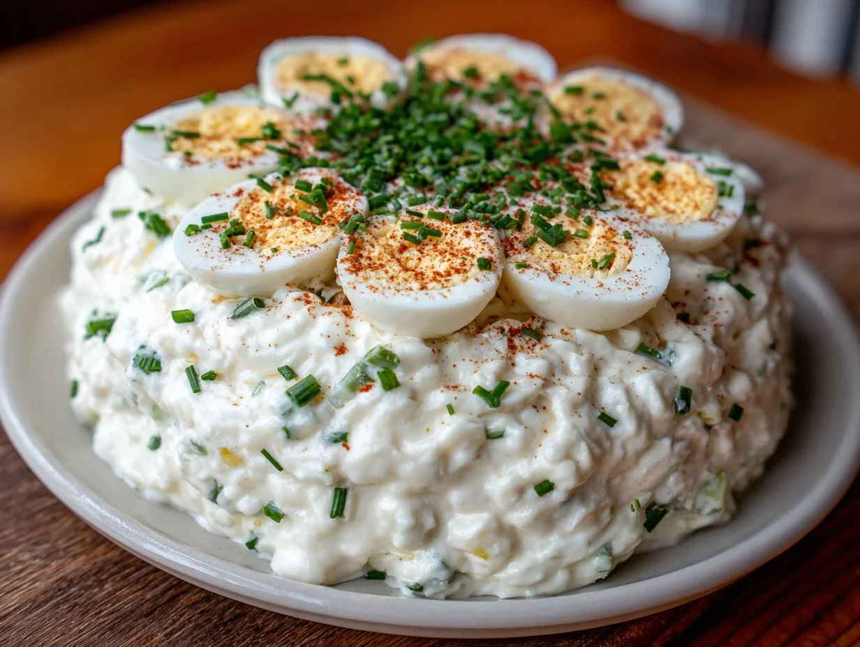 Classic egg salad in a bowl with fresh herbs and seasoning.