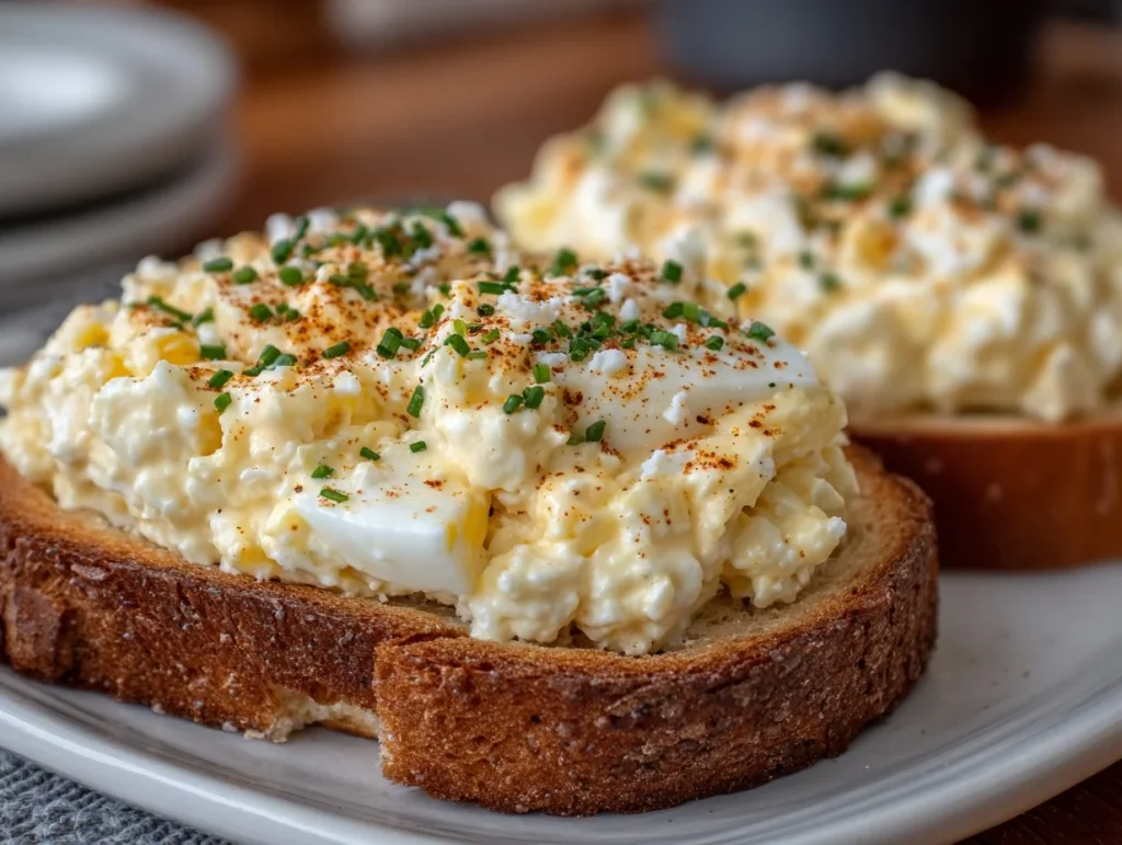 Creamy classic egg salad in a bowl with herbs and spices