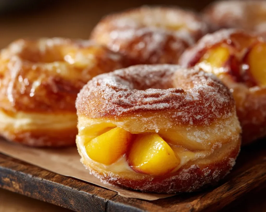 Delicious Classic Peach Cobbler Cheesecake Donuts on a plate.