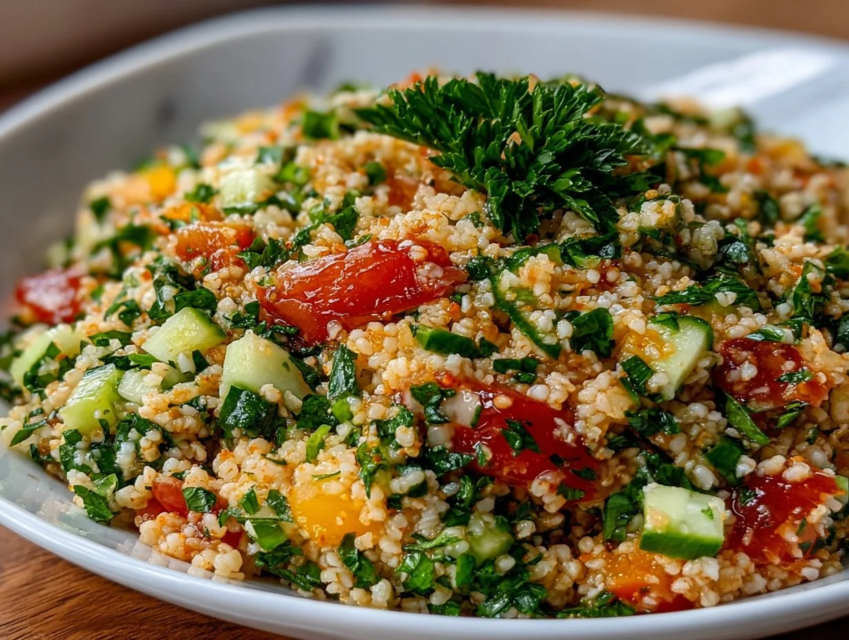 Classic tabbouleh salad with bulgur, herbs, and vegetables in a vibrant bowl.