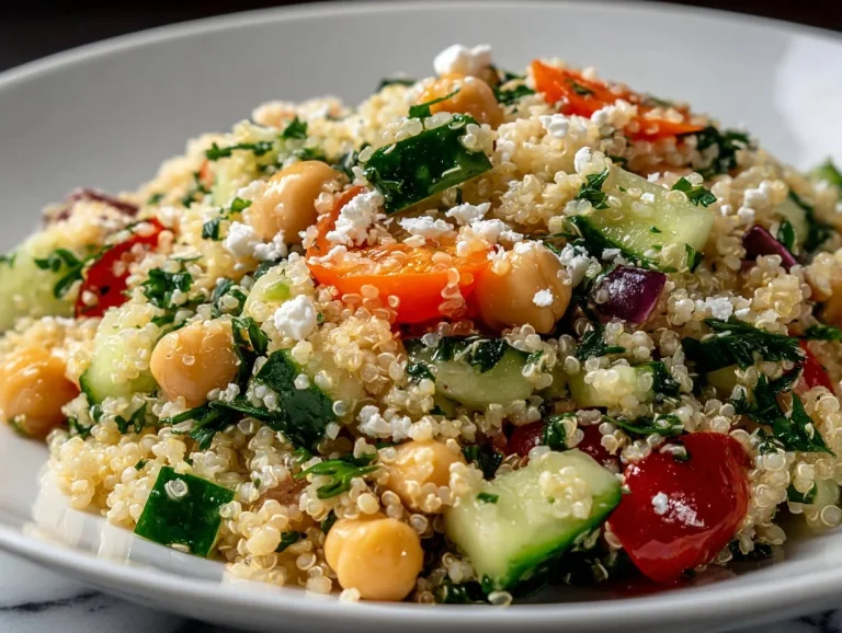 Delicious cold quinoa salad with colorful vegetables and dressing