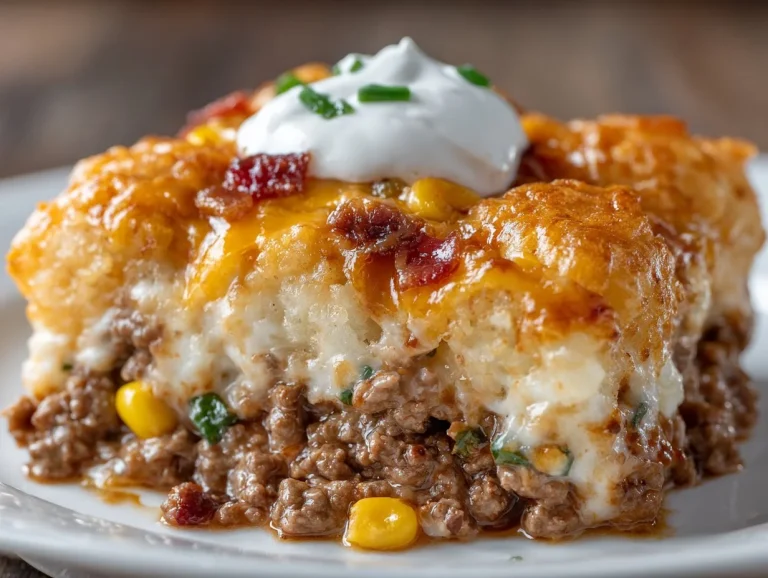 Delicious and hearty Cowboy Casserole served in a rustic dish