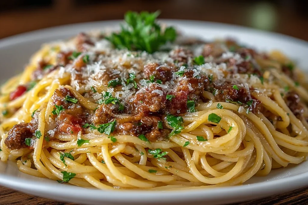 A serving of Cowboy Spaghetti with meat and vegetables on a rustic plate