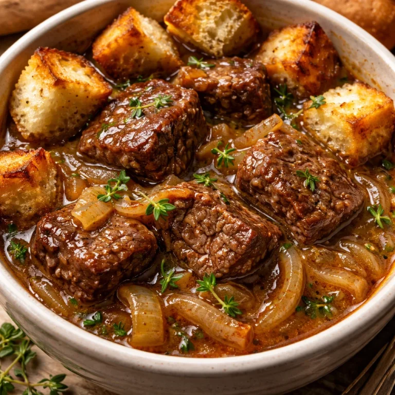 Cozy bowl of French Onion Beef Stew, perfect for comfort evenings