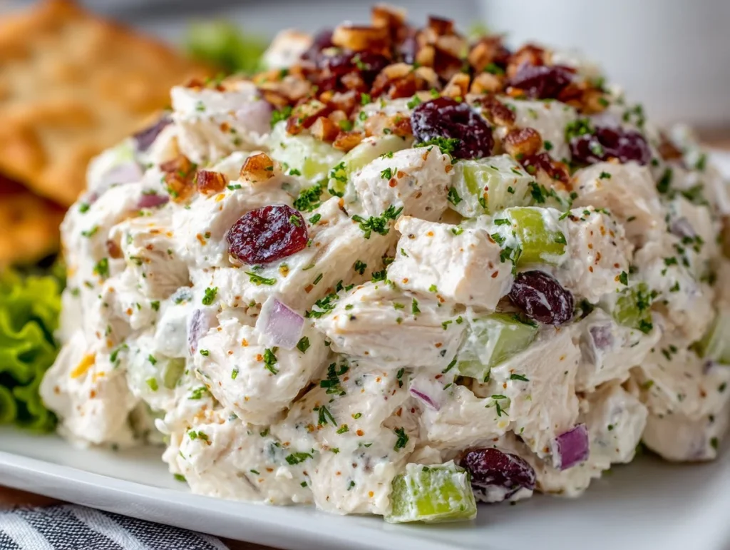 Classic chicken salad served in a bowl with fresh herbs and vegetables.