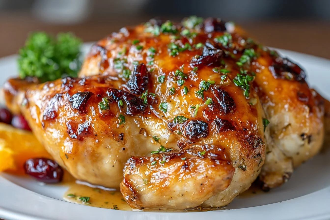 Cranberry-Maple Roast Chicken served on a platter with festive herbs.
