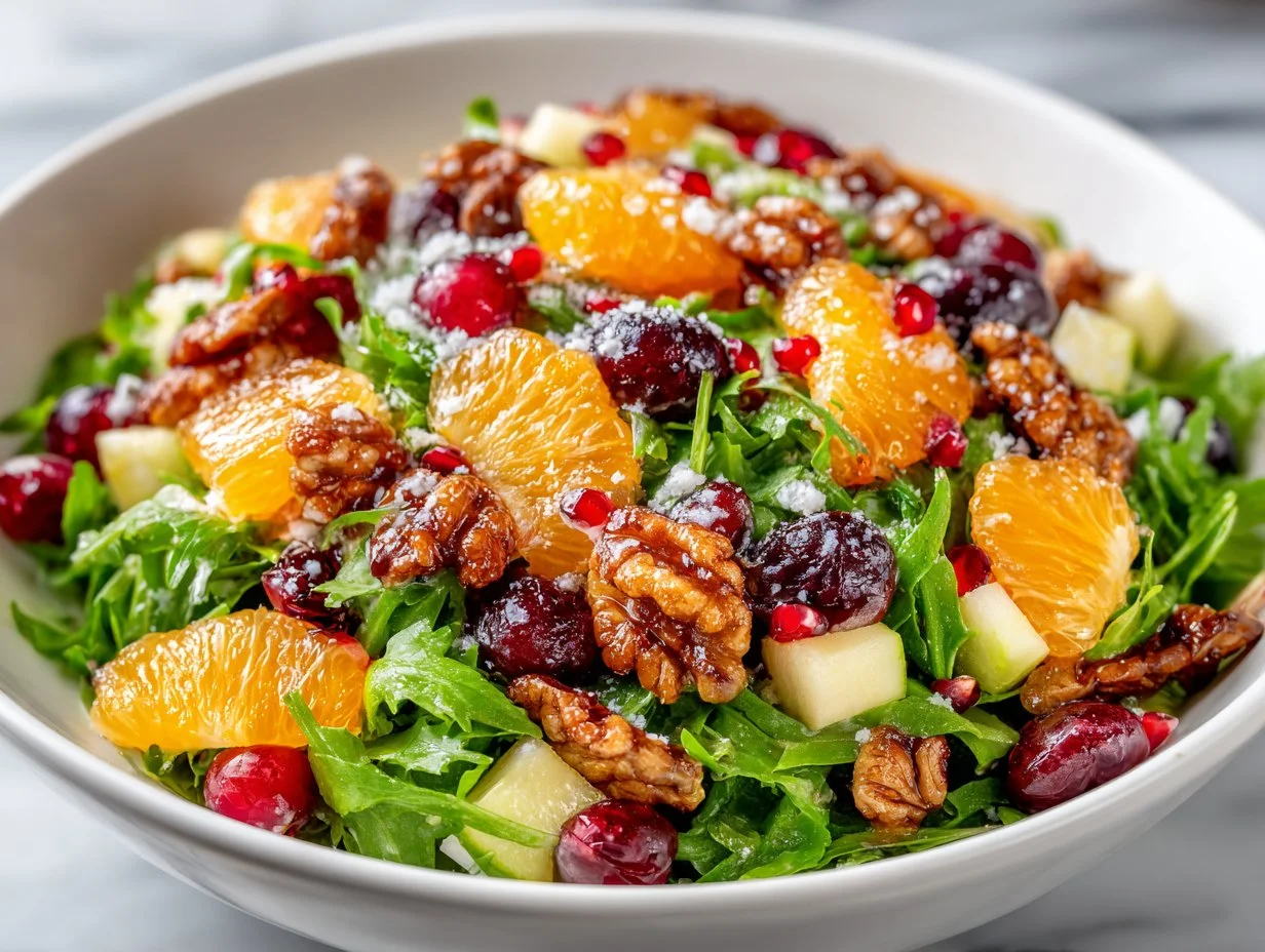 Fresh cranberry salad with greens and nuts, vibrant and delicious dish