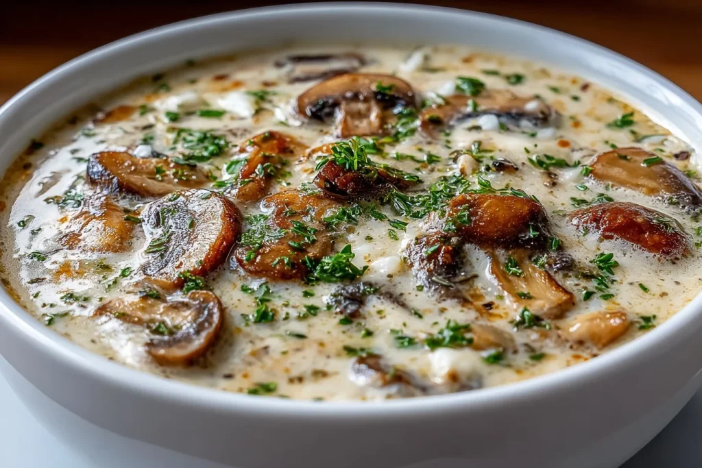 Bowl of creamy mushroom soup garnished with herbs.