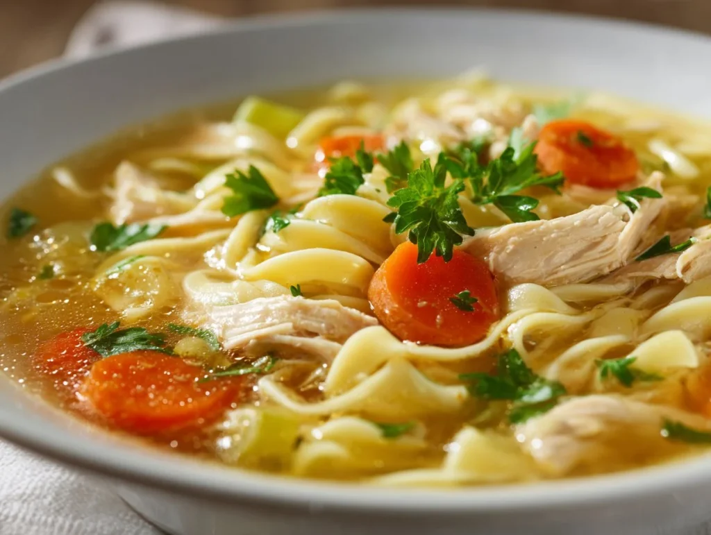 Bowl of creamy chicken noodle soup with vegetables and herbs
