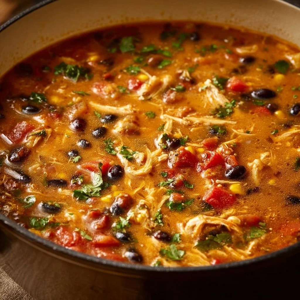 Bowl of creamy chicken tortilla soup topped with crispy tortilla strips and cilantro
