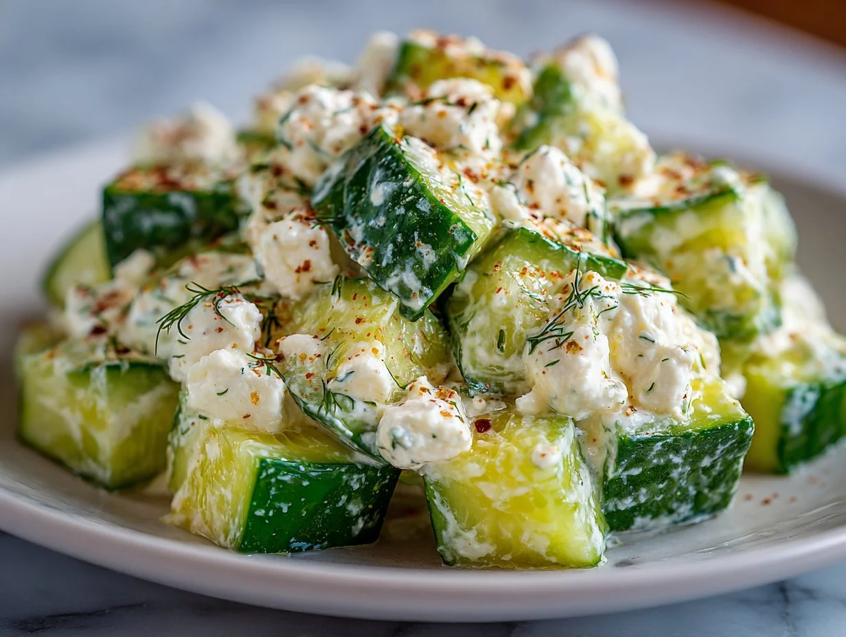 Creamy dill pickle cucumber salad served in a bowl with fresh ingredients.