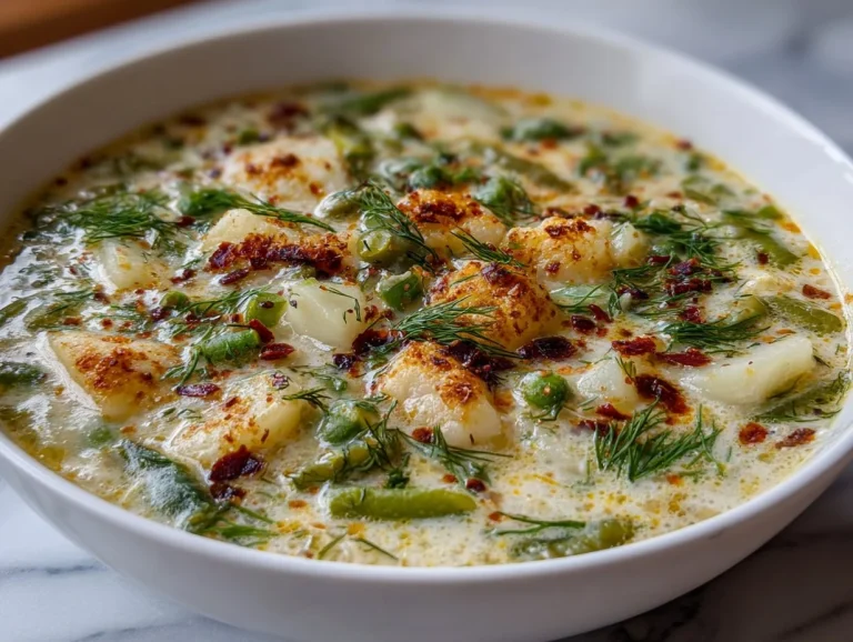 Bowl of creamy dill pickle soup garnished with dill and pickles