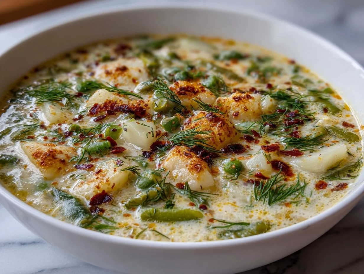 Bowl of creamy dill pickle soup garnished with dill and pickles