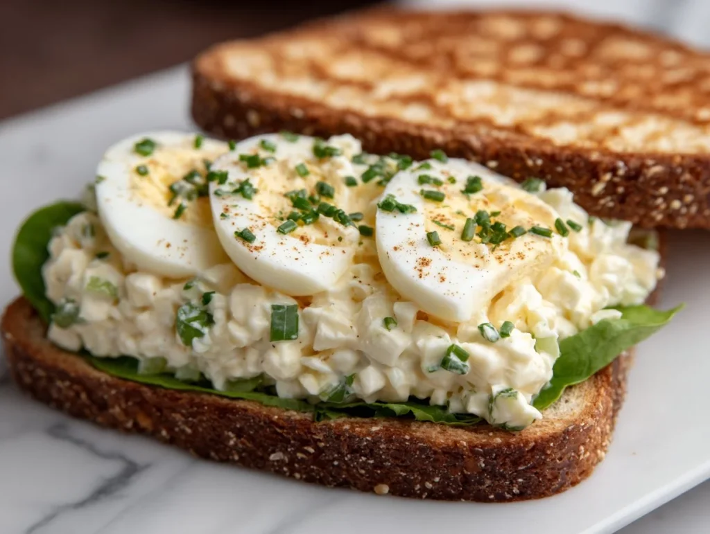 Creamy egg salad served in a bowl with fresh herbs on top