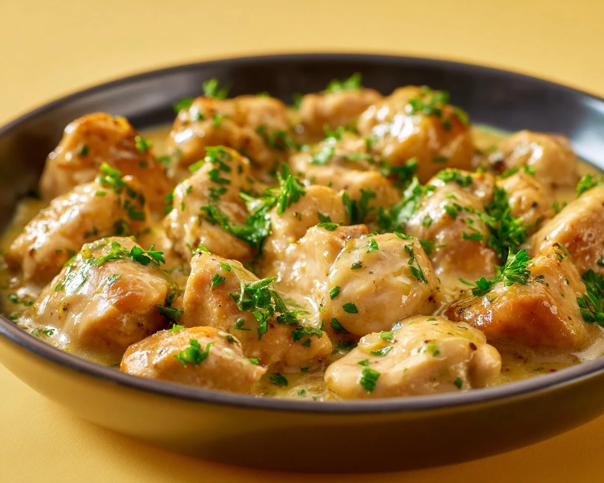 Delicious creamy garlic chicken garnished with herbs on a plate