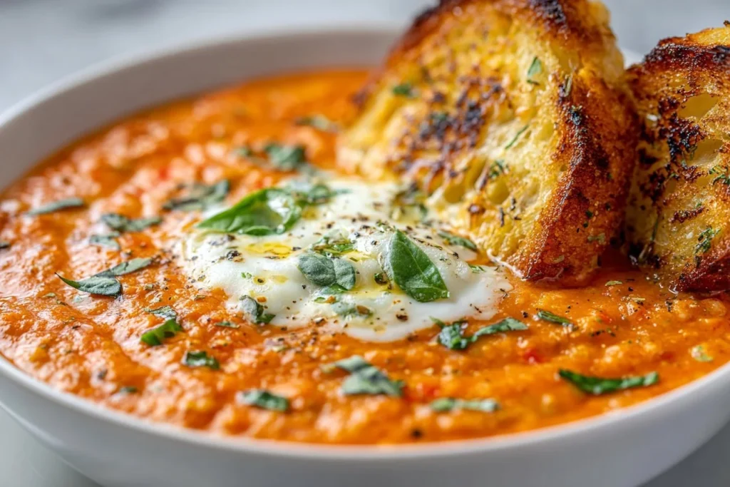 Creamy roasted garlic tomato soup in a bowl with bread garnish.