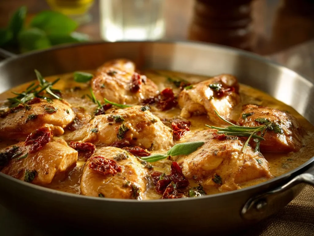 Creamy sun-dried tomato chicken dish served on a plate