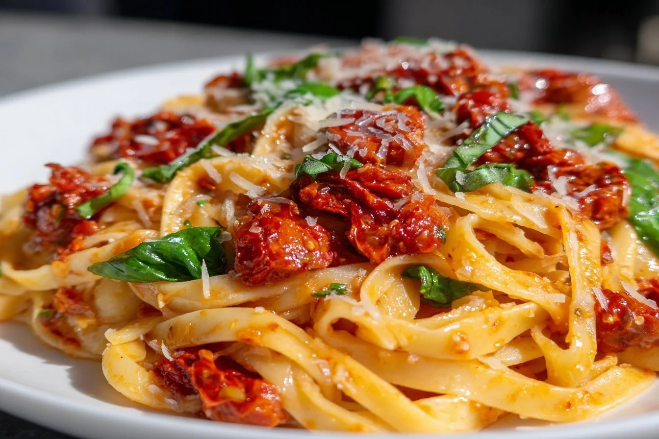 Creamy sun-dried tomato vegan pasta served in a bowl