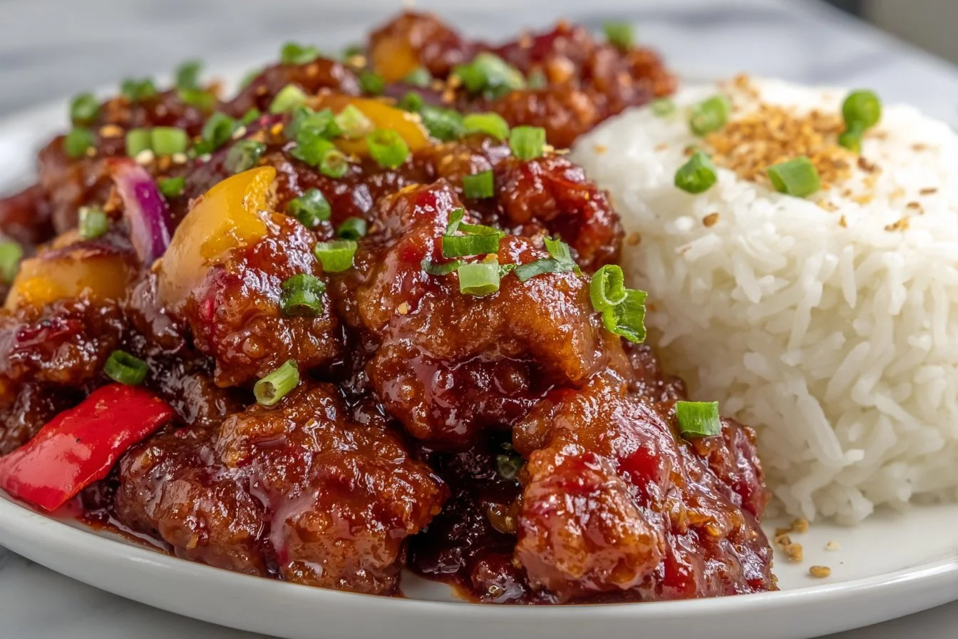 Delicious Crispy Chilli Beef served on rice with vibrant vegetables.