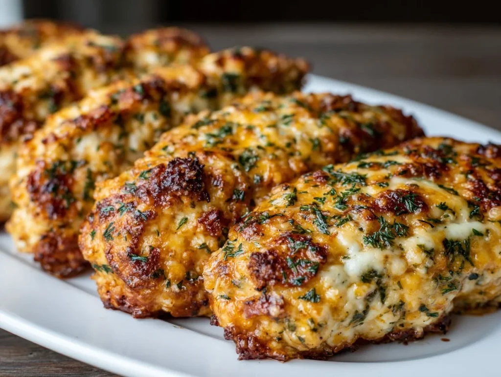 Delicious Crispy Dill Pickle Parmesan Chicken garnished and ready to serve.