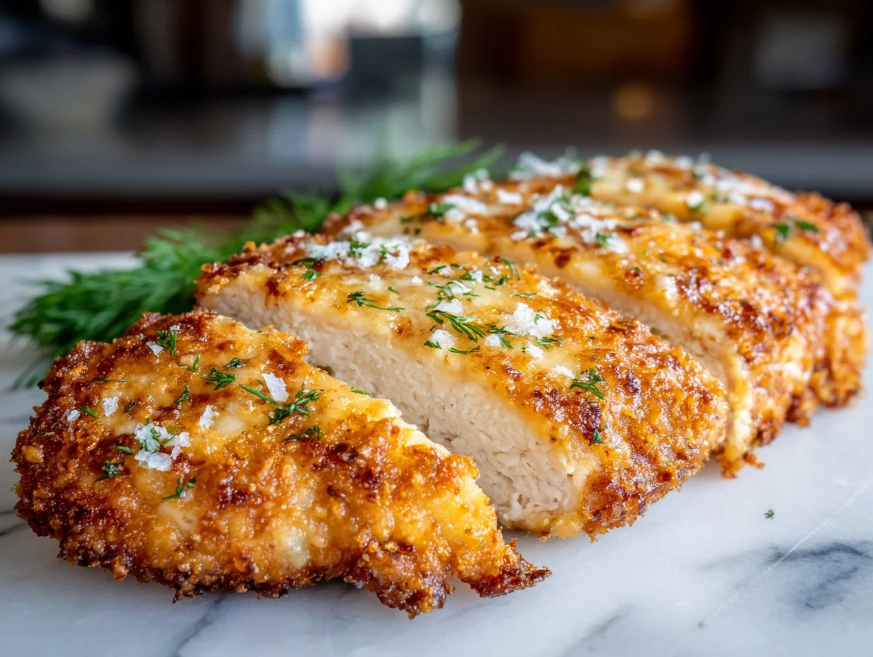 Crispy Dill Pickle Parmesan Chicken served with a side of dipping sauce