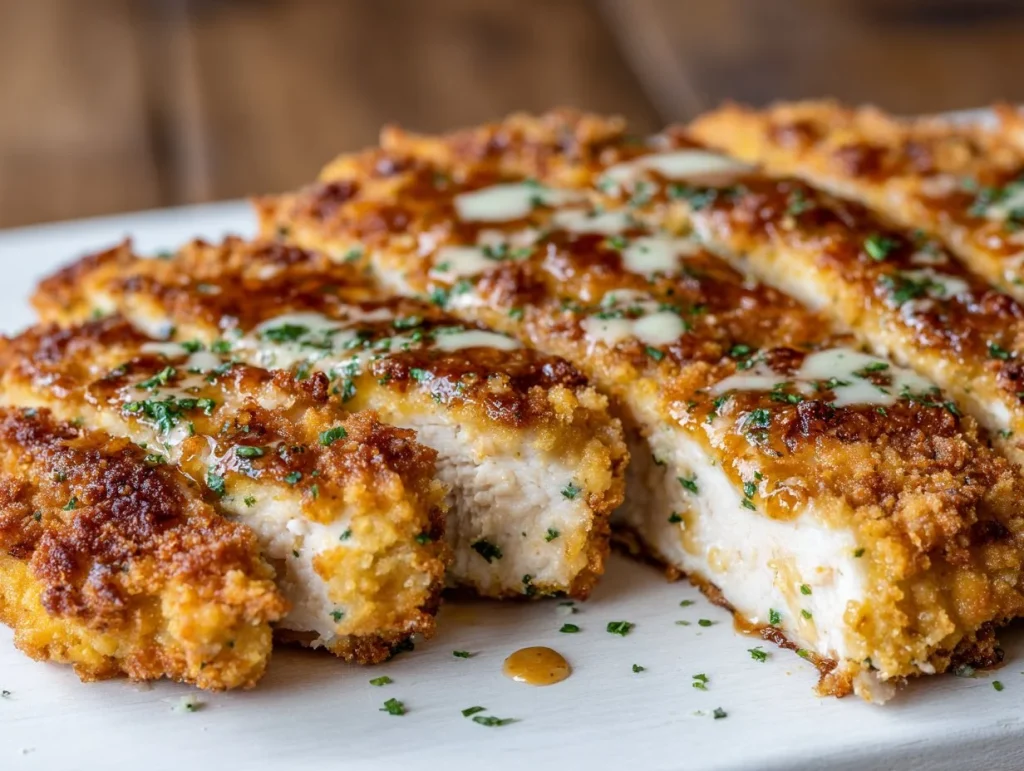Crispy Dill Pickle Parmesan Chicken served on a plate garnished with fresh herbs