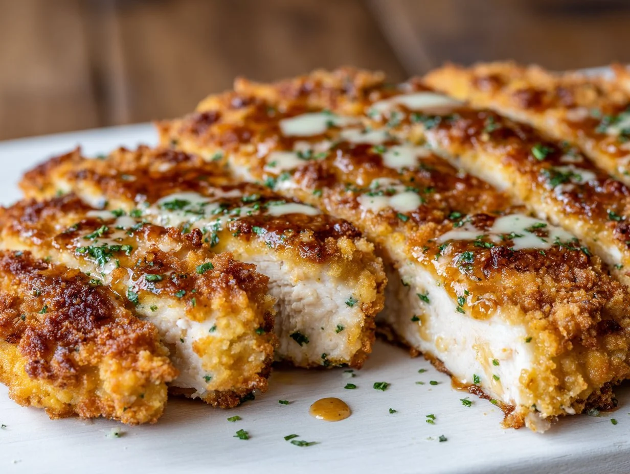 Crispy Dill Pickle Parmesan Chicken served on a plate garnished with fresh herbs