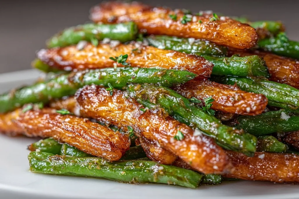 Crispy roasted carrots and green beans served as a healthy side dish.