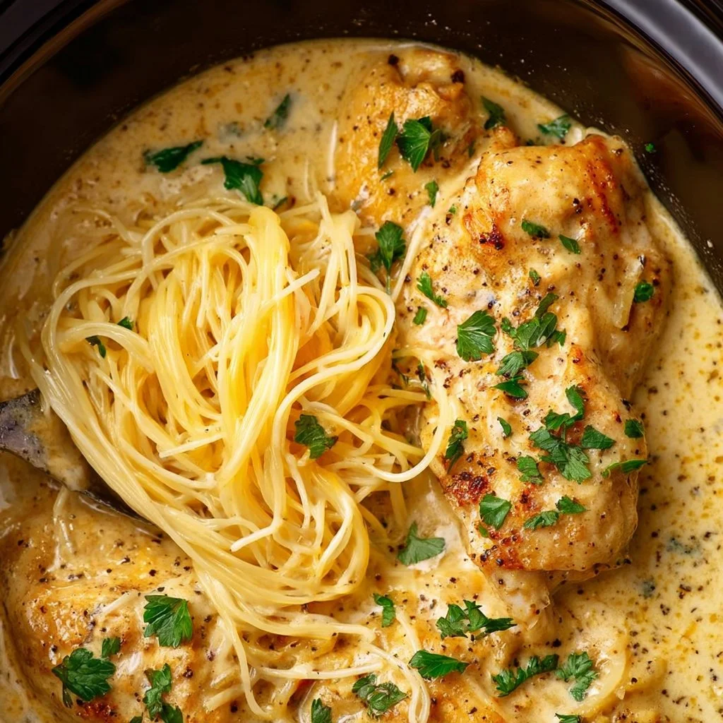 Crock Pot Angel Chicken served with creamy sauce and herbs