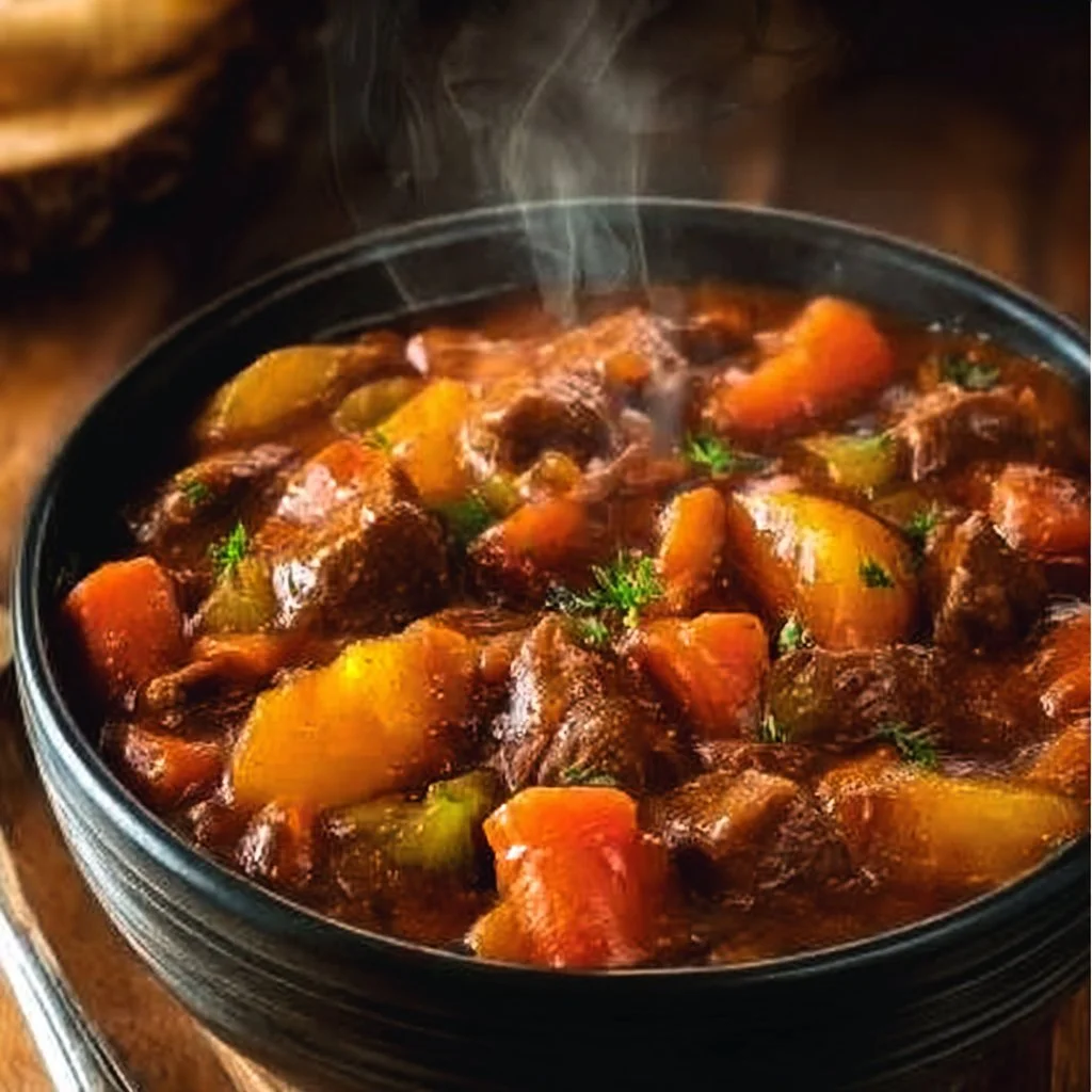 Delicious Crock Pot beef stew served in a bowl with fresh herbs.