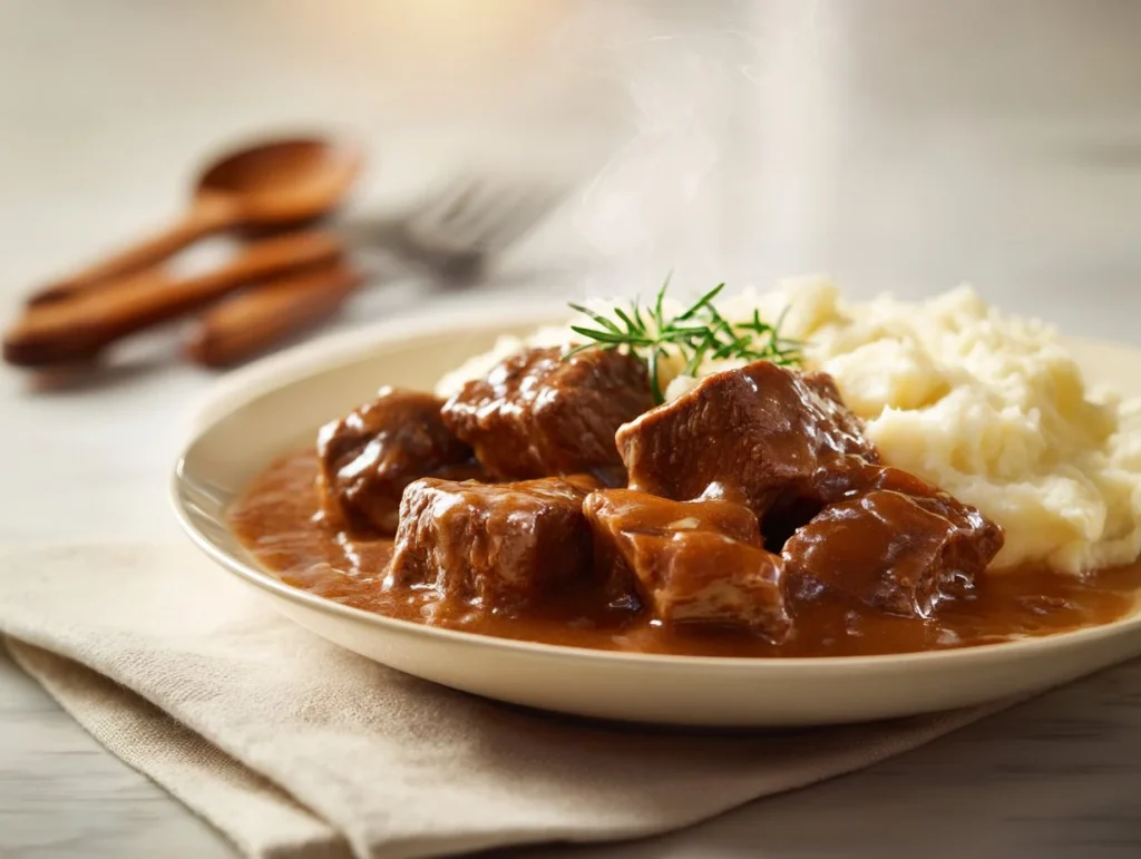Crock Pot Beef Tips cooking in gravy for a delicious meal