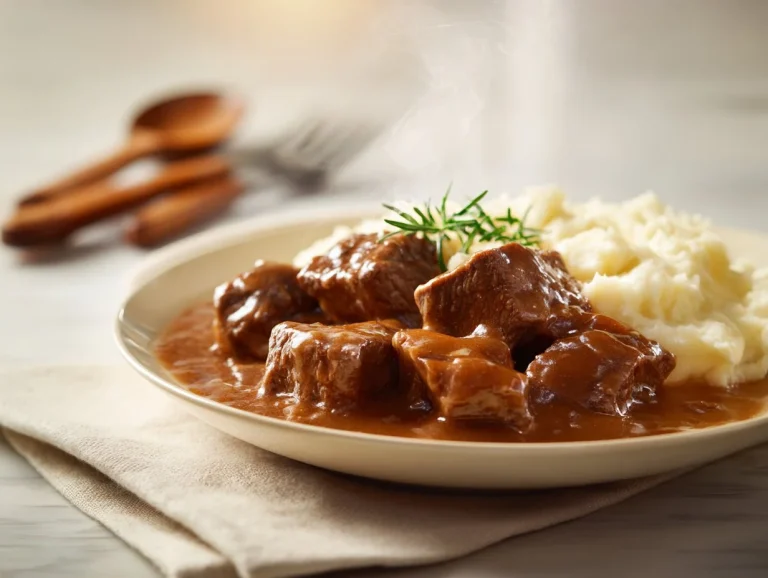 Crock Pot Beef Tips cooking in gravy for a delicious meal
